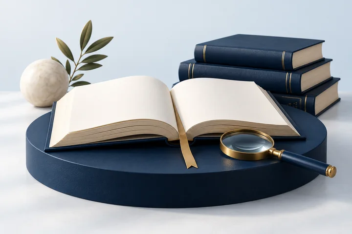 Libri aperti e chiusi con una lente di ingrandimento, nei colori blu e ottone.