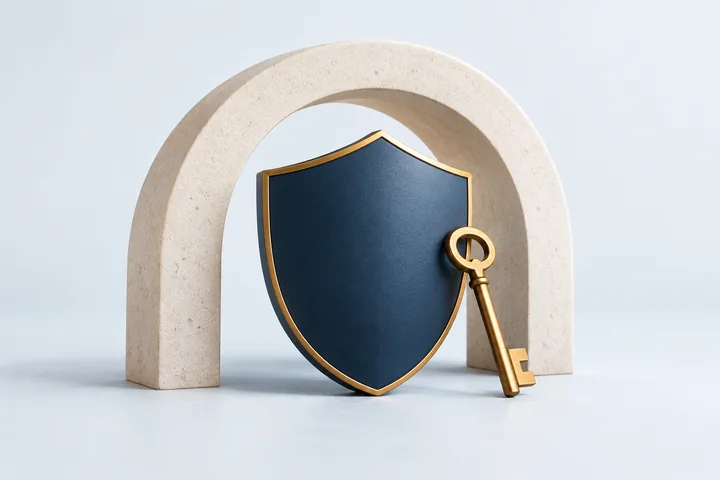 Uno scudo blu e una chiave color ottone sotto un arco in pietra chiara.